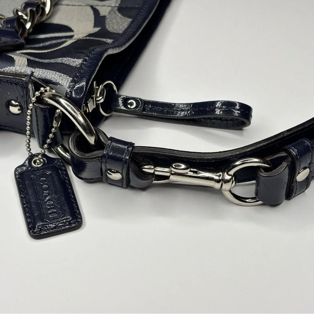 Coach Shoulder Bag Purse Moto Optic Metallic Chain Navy Blue Signature Jaquard